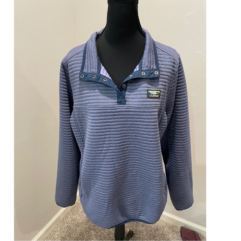 LL Bean Women XL Blue Quilted Mock Neck Snap Pullover Sweatshirt 503669